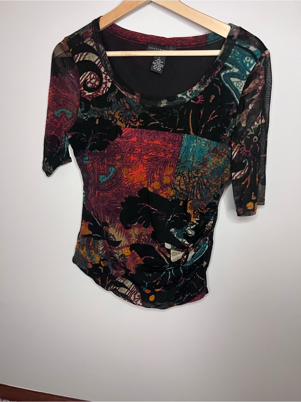 Grace Elements Mesh Abstract Floral Paisley Print Scoop Neck Top Red Teal Large